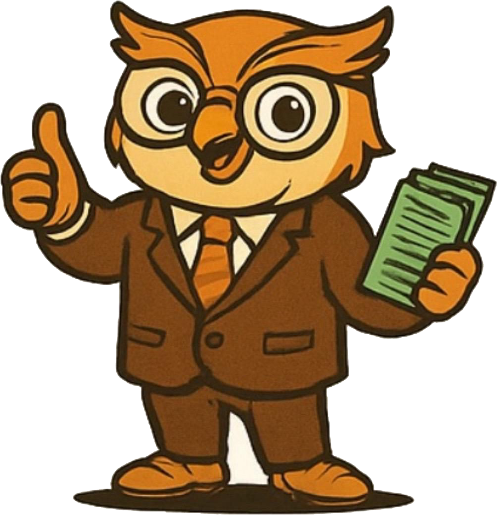Sandstone Settlements owl mascot holding cash and a briefcase